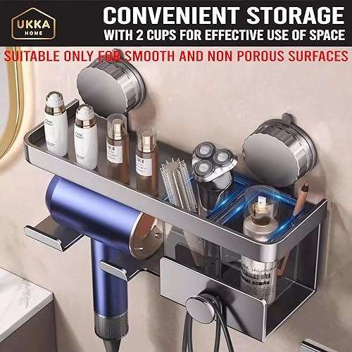 Miniatura 8 de Soporte de aluminio para secador de pelo con ventosa. Estante organizador de almacenamiento con estante para accesorios y herramientas para el baño.