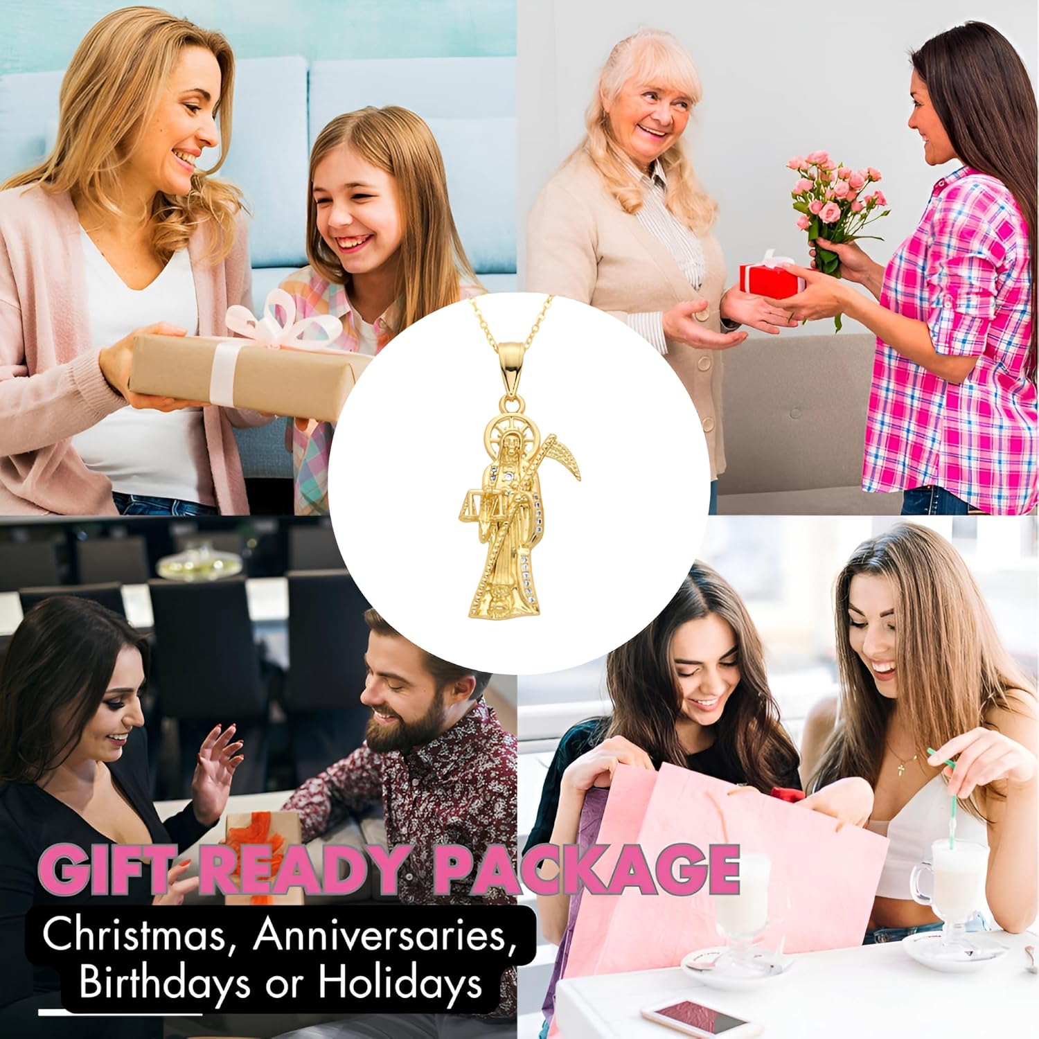 14K Yellow Gold Zircon La Santa Muerte Necklace For Women And Men - Holy Death's Pendant Necklace, Santa Muerte Pendant Necklace, Holy Saint Death Necklace Religious Jewelry For Women Men