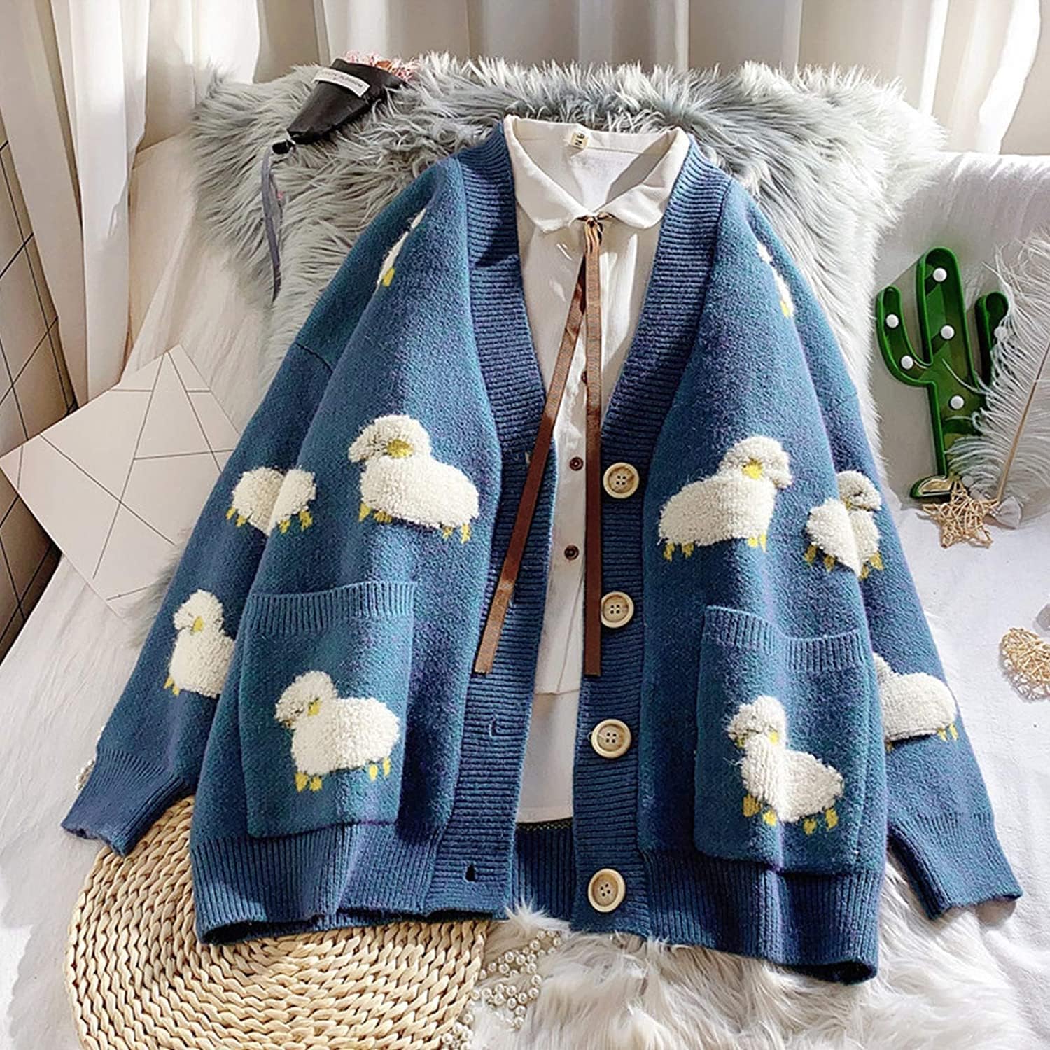 Women Long Sleeve Knit Loose Cardigan Cartoon Sheep V-Neck Button Sweater Open Front Knit Coat