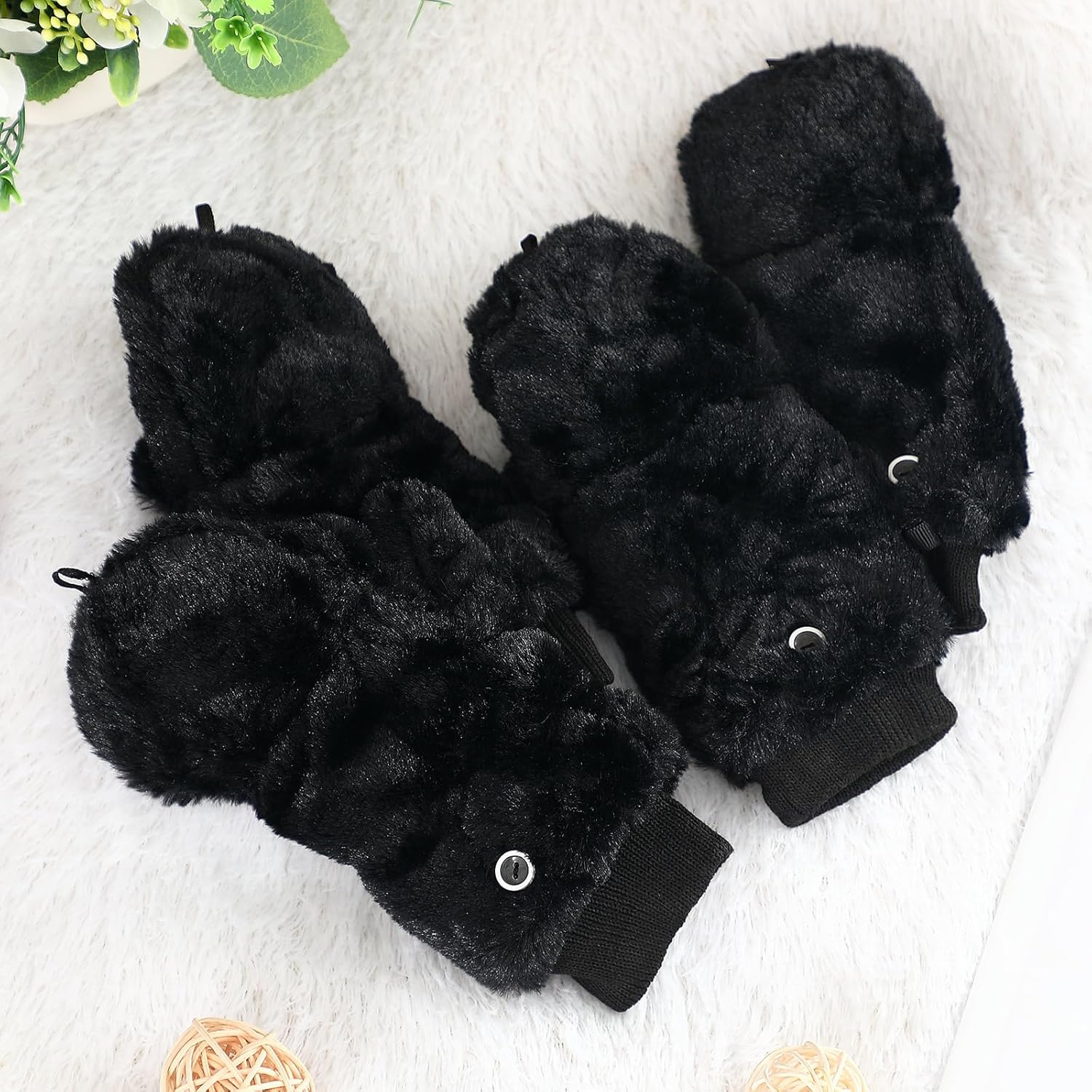 6 Pairs Fur Flip Mittens Women for Winter Warm Soft Half Finger Fingerless Convertible Fuzzy Gloves - Image 7