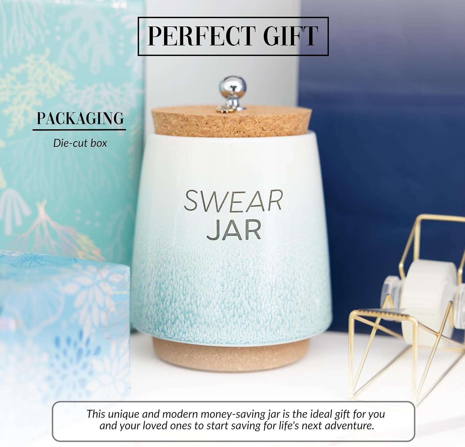 Pavilion Gift Company - Swear Jar 6.5-inch Unique Ceramic Piggy Bank Savings Bank Money Jar with Cork Base and Cork Lid, Ombre Teal