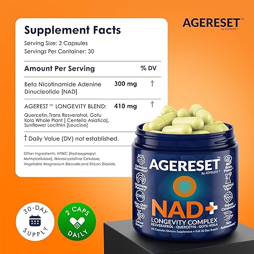 Miniatura 9 de AGERESET Suplemento de nicotinamida adenina dinucleótido NAD+ de 300 mg con resveratrol, quercetina y gotu kola - Energía celular y salud celular -
