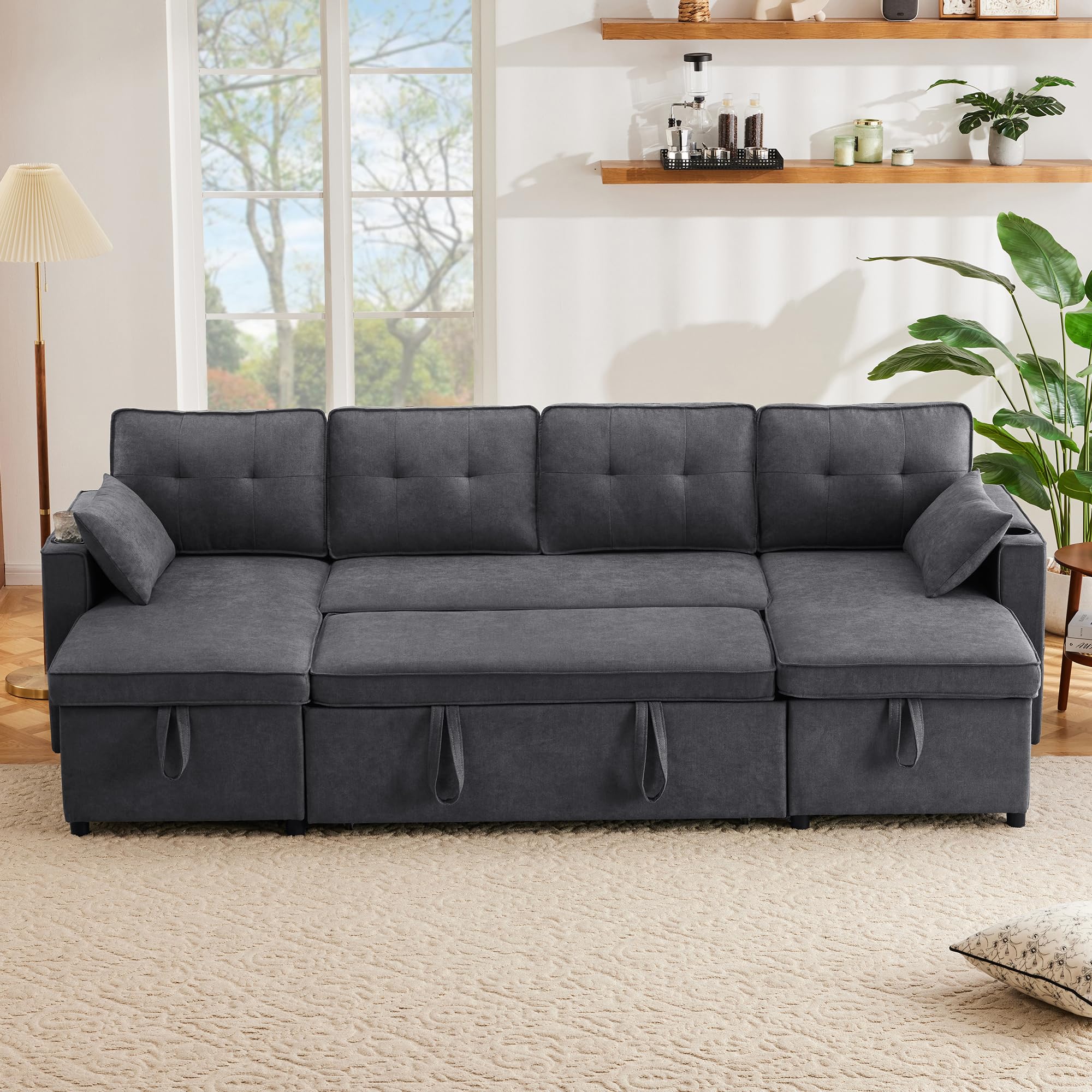 Soweiz Sofá cama tapizado, sofá cama con función de dormir, sofá en forma de U, tela de algodón y lino, con soporte para bebidas, dos espacios de almacenamiento, adecuado para familias, salón (gris)