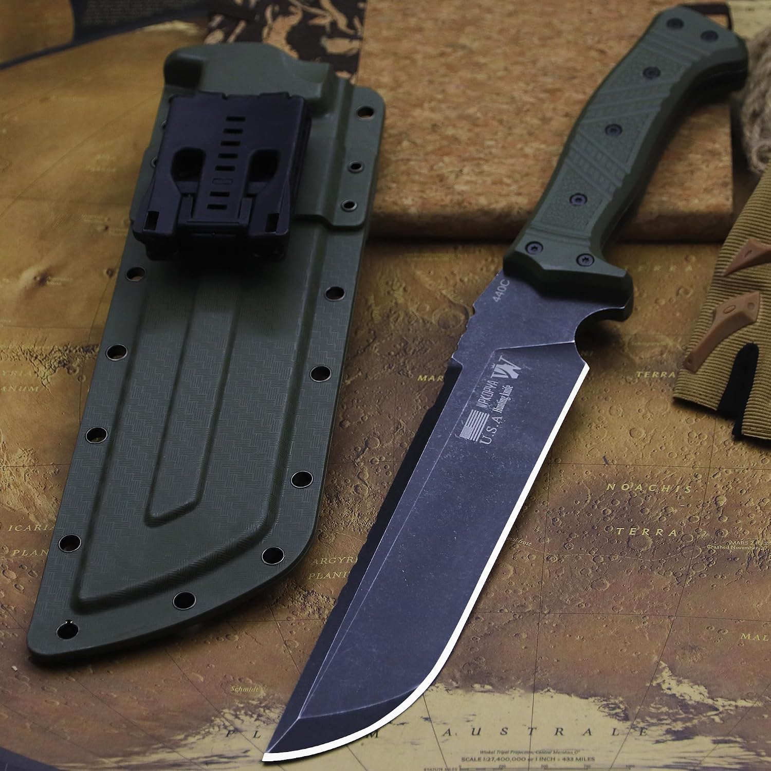 WPKOPYA Full Tang Outdoor Knife – 440C Stainless Steel Blade, 6mm Thick, 14.8in Overall, Nylon Fiber Handle & Sheath, Camping Hunting Survival Tool (green)