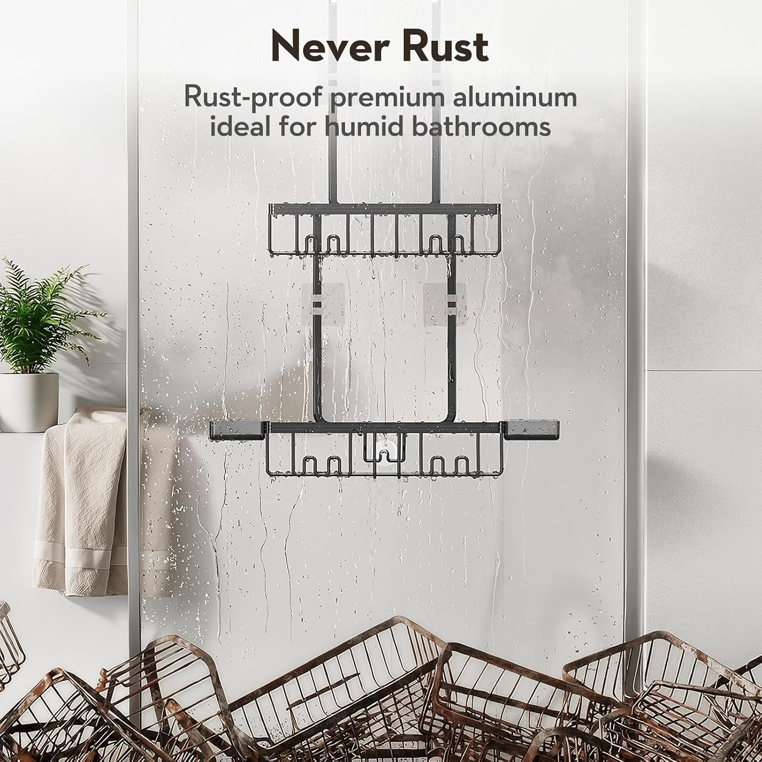 Over the Door Shower Caddy Hanging With Double Soap Holder Never Rust Aluminum Shower Shelf With 4 Hooks Hanging Bathroom Organizer No Drilling Shelves for Bathroom Storage Black image 4