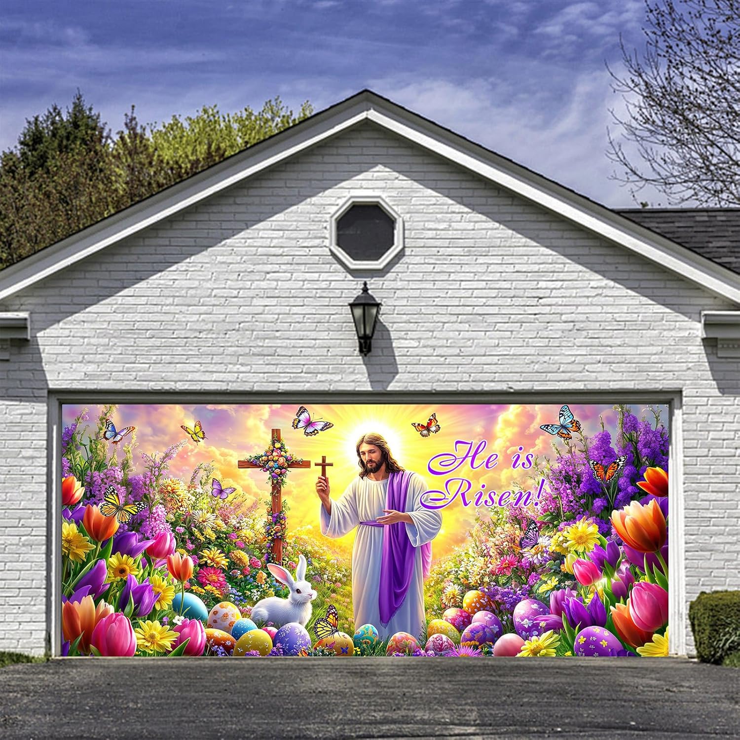 16X7 ft Happy Easter Garage Door Cover Banner He is Risen Easter Backdrop Spring Christian Cross Lily Jesus Religious Outdoor Party Decorations for Garage Door