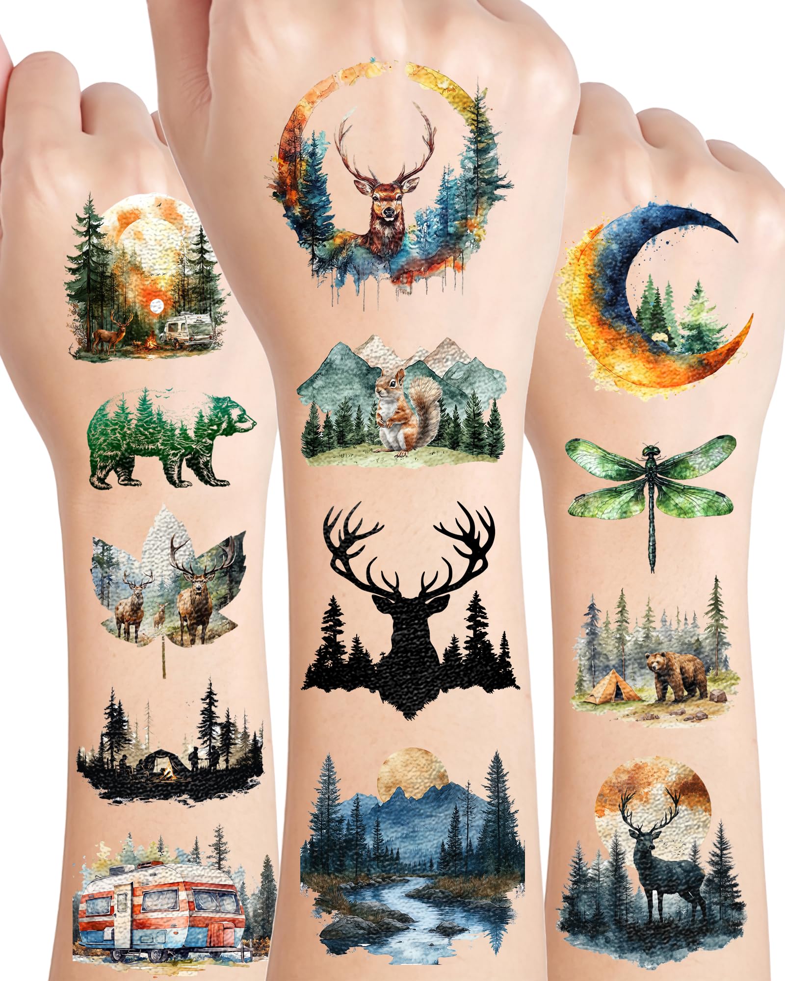 156 Pieces Forest Temporary Tattoos Stickers,20 Sheets Forest Tree Animal Adventure Nature Themed Tattoos Stickers Party Decoration Supplies Party