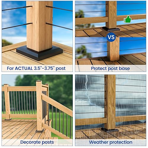 Miniatura 3 de Muzata WT09 - Paquete de 10 cubiertas para base de poste de una sola pieza, acero galvanizado negro para poste de madera de 3.5 x 3.5 pulgadas