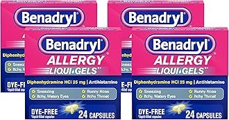 Benadryl Liqui-Gels Antihistamine Allergy Medicine & Cold Relief, Dye Free, 24 ct (Pack of 4)