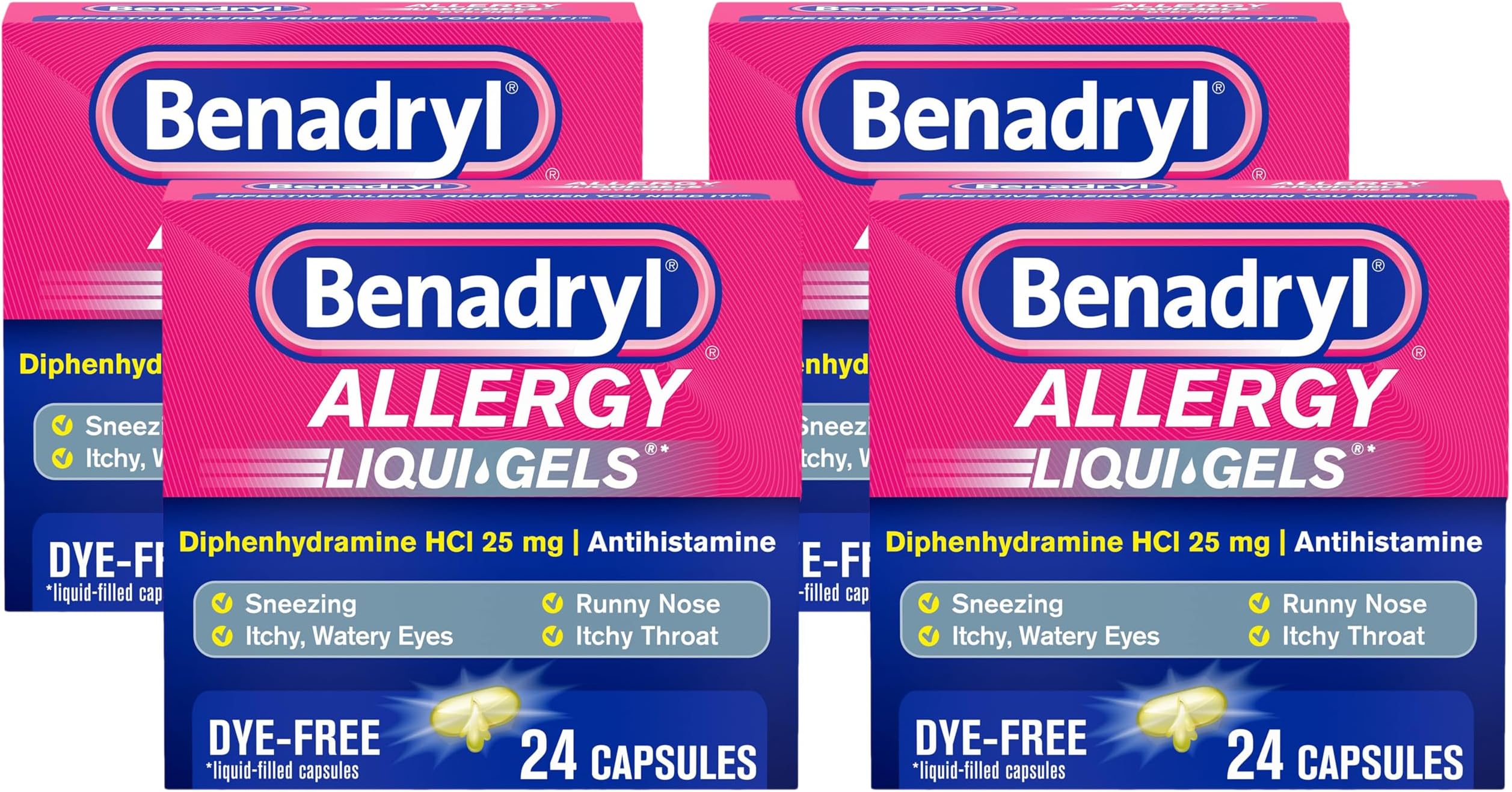 Benadryl Liqui-Gels Antihistamine Allergy Medicine & Cold Relief, Dye Free, 24 ct (Pack of 4)