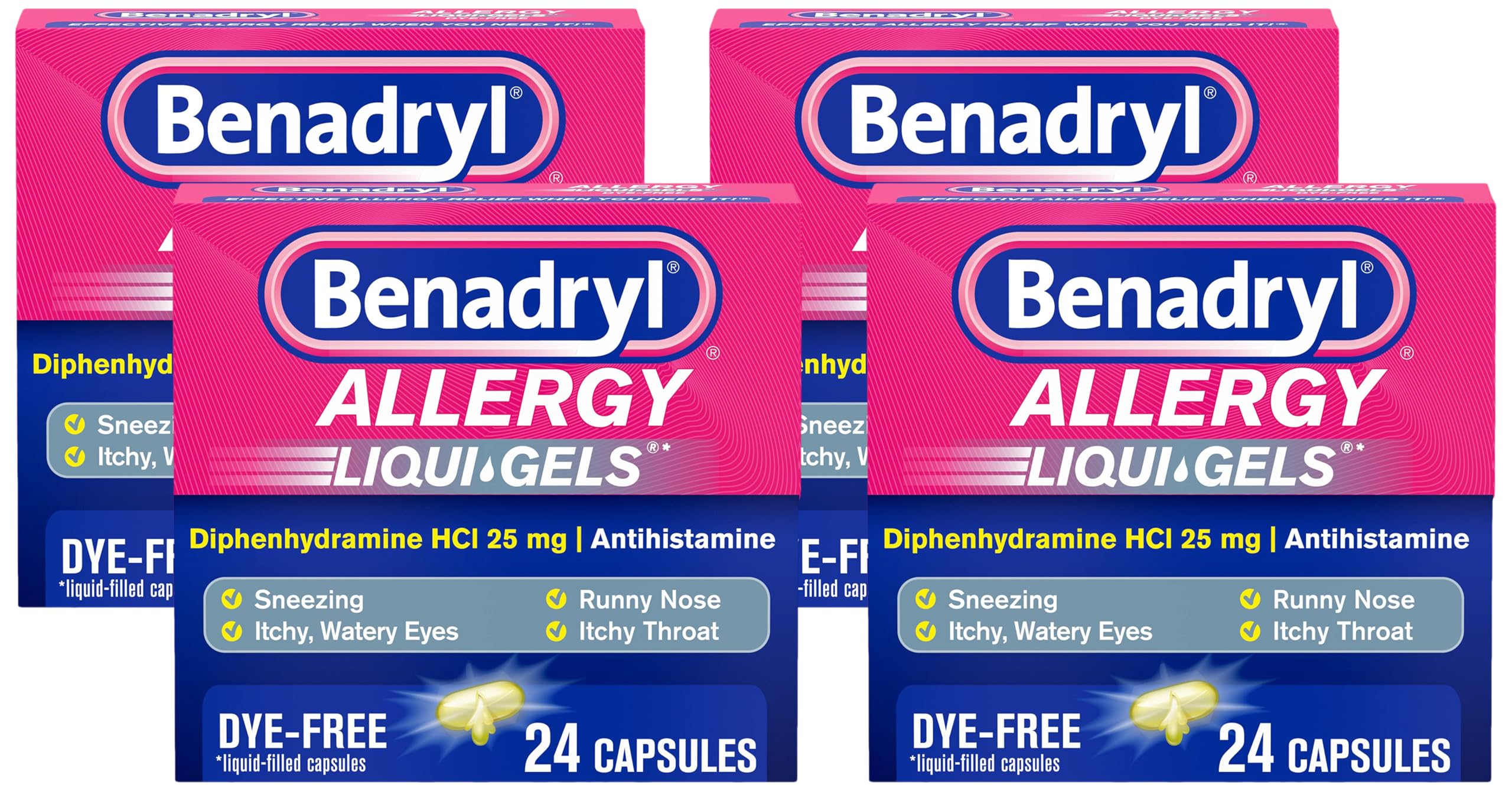 Benadryl Liqui-Gels Antihistamine Allergy Medicine & Cold Relief, Dye Free, 24 ct (Pack of 4)