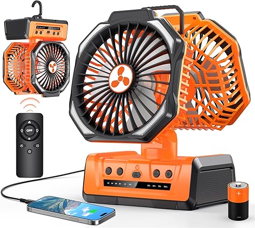 Vista 12 de Ventilador portátil recargable de doble cabezal de 20,000 mAh, ventilador de camping alimentado por batería, inalámbrico con linterna LED y control