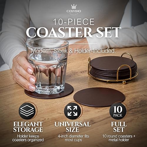 Miniatura 2 de Juego de 10 posavasos redondos de alta calidad, soporte de metal dorado, diseño italiano (marrón castaño)