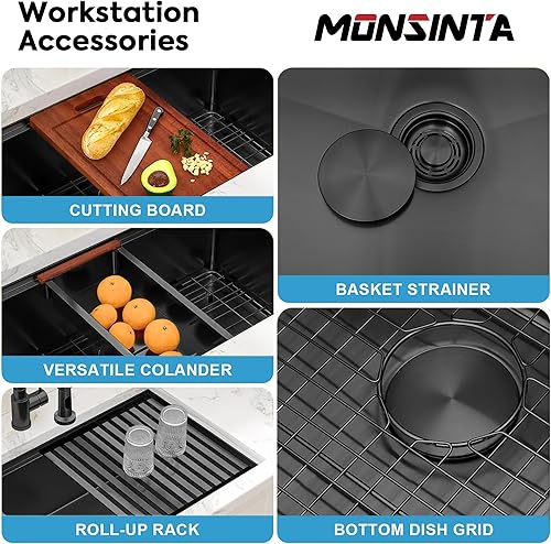 Miniatura 137 de Fregadero de cocina negro de 33 pulgadas, fregadero de acero inoxidable calibre 16, fregadero de estación de trabajo de un solo tazón con reborde