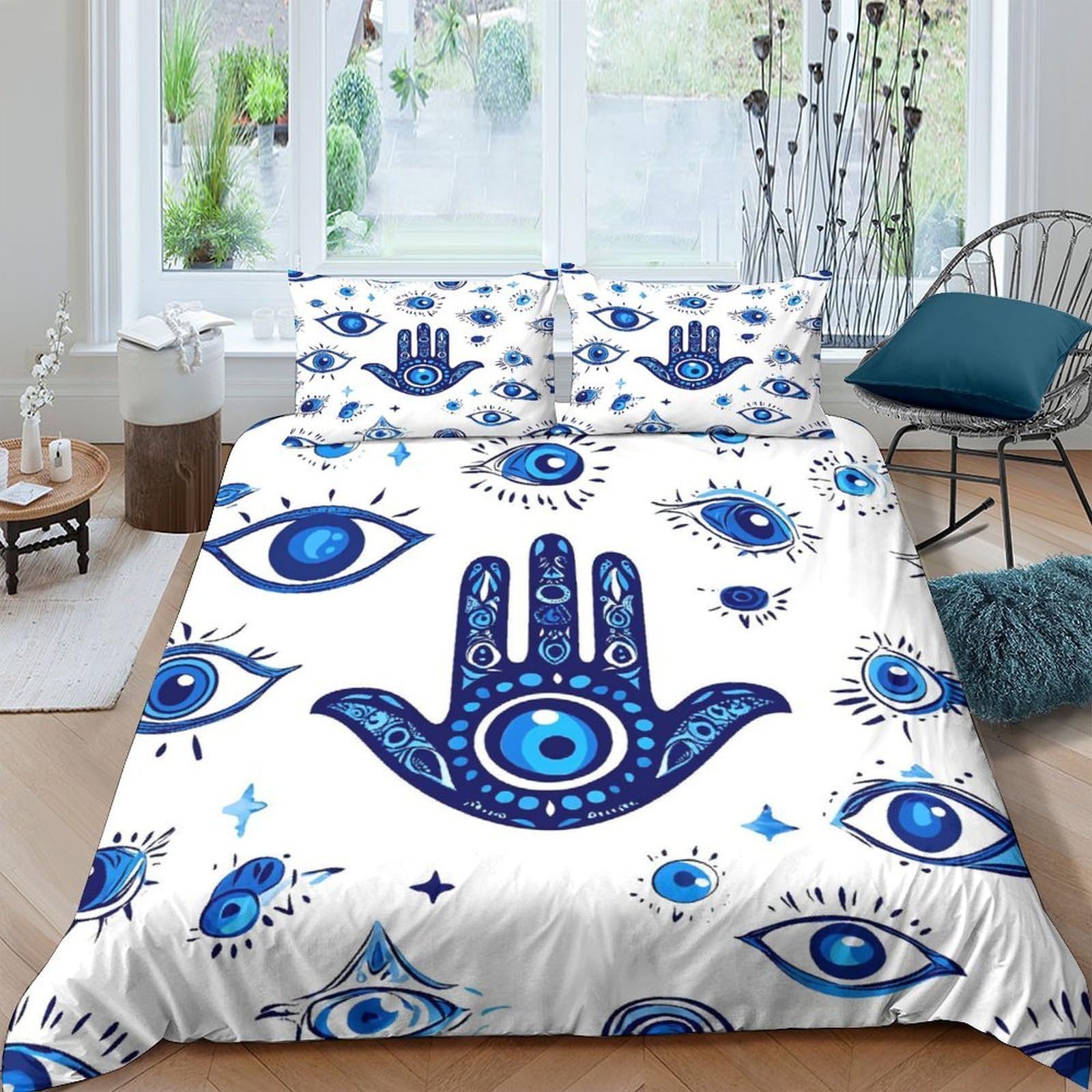 Ctjqhvkz Style-2 3D Printed Hamsa Hand Fitted Sheet Microfiber Soft Blue Evil Eye Mattress Cover For Bedroom Dorm Decor Protection Single（135X200cm）