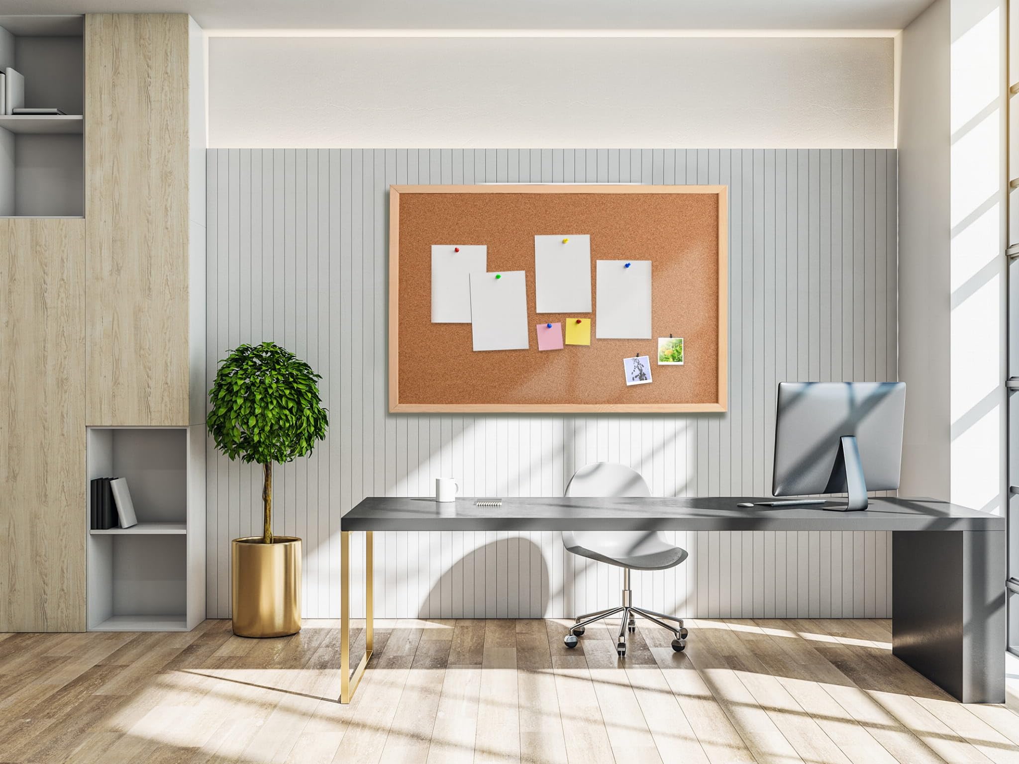 MG Design Tableau en liège avec cadre en bois 90 x 120 cm Naturel – organiseur pour notes, photos et plans pour la maison, le bureau et l'école