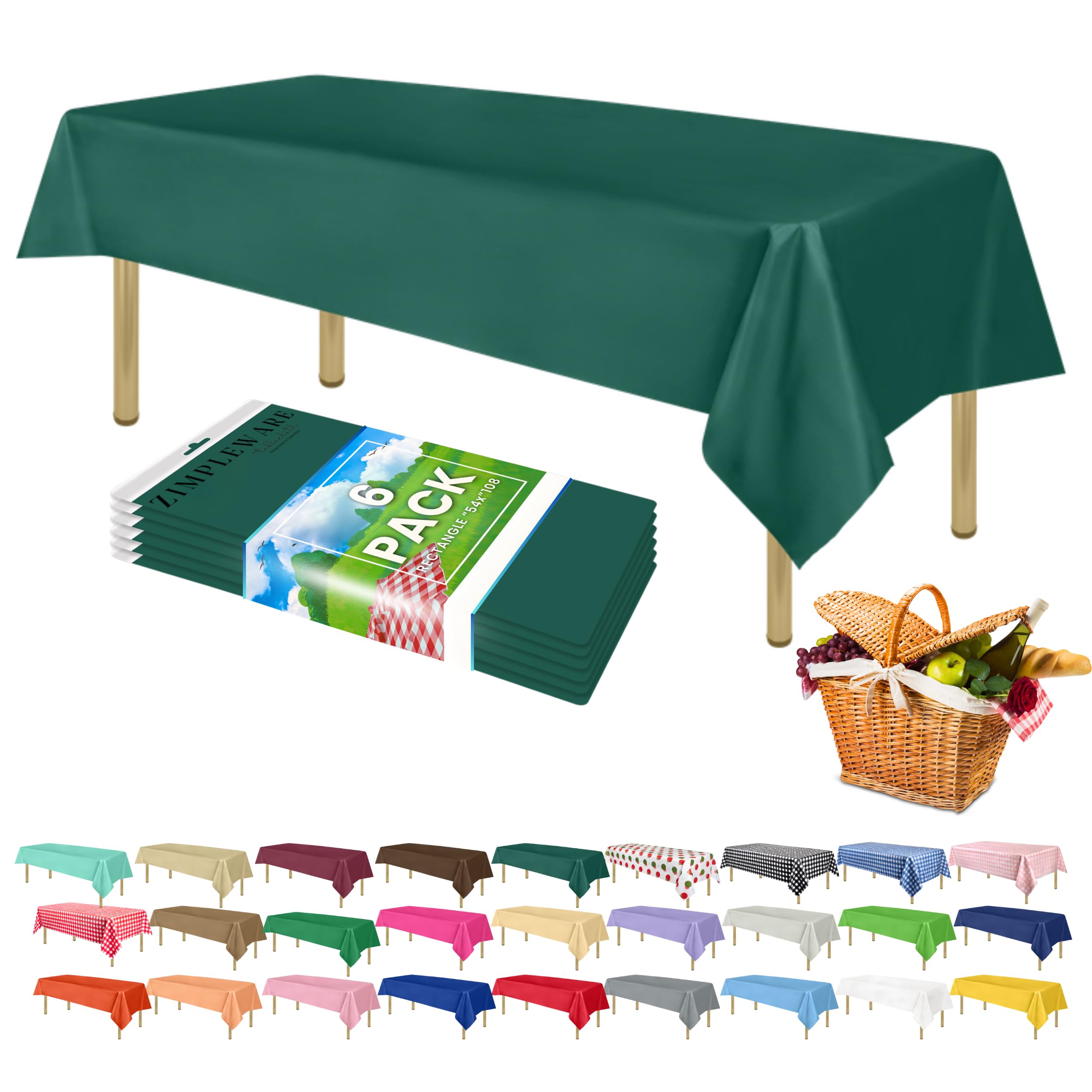 ZIMPLEWARE Dark Green Standard Disposable Plastic Party Tablecloth [6-Pack] 54 x 108” Rectangle Table Cover For Indoor & Outdoor Use — image 1
