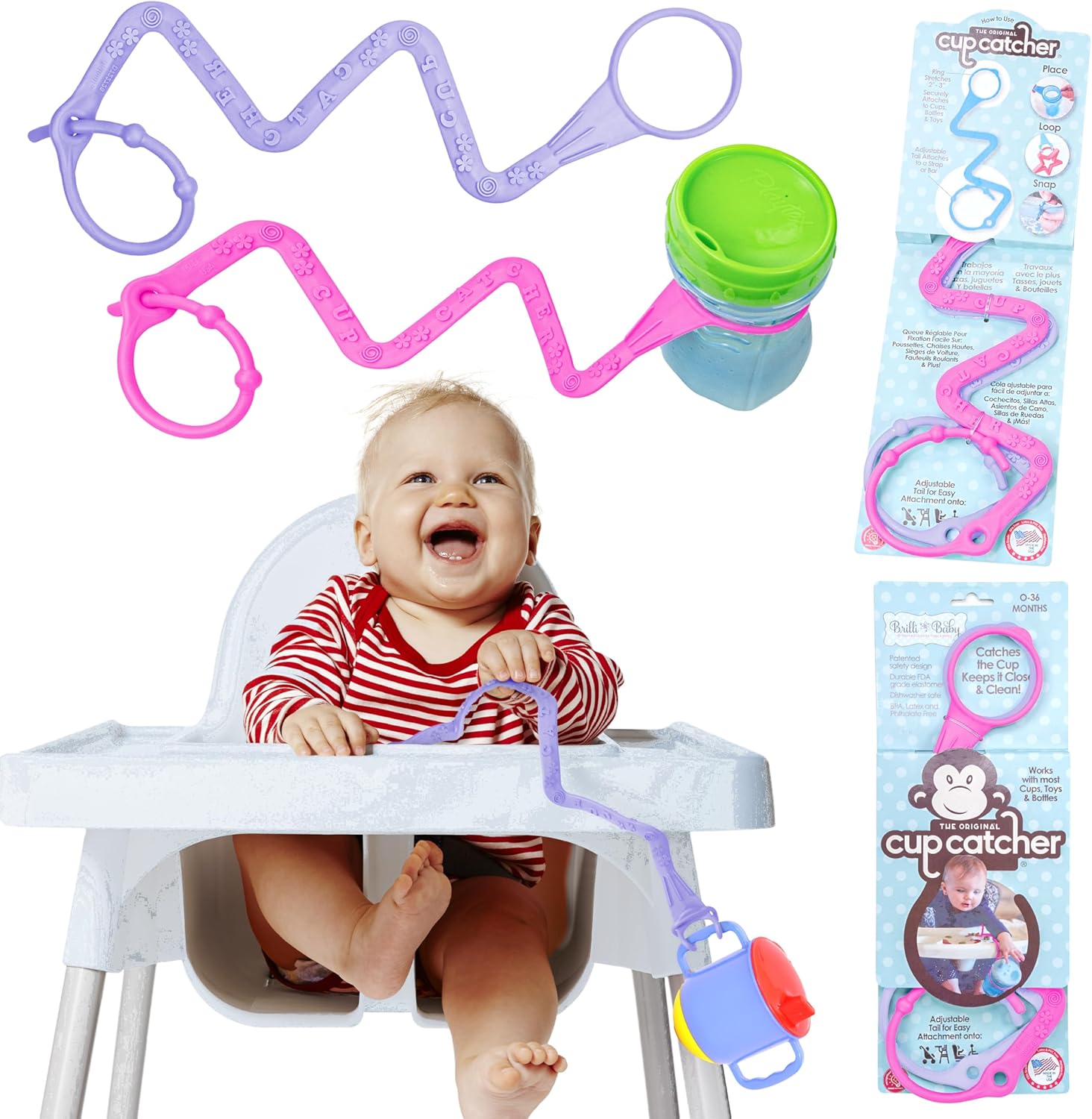 Brilli Baby Cup Catcher Patented Safety Tether Strap, Attach Sippy Cups, Bottles, Pacifiers & More to Stroller, High Chair, Car Seat, Made in USA, Food Grade, Dishwasher Safe, Lavender/Pink