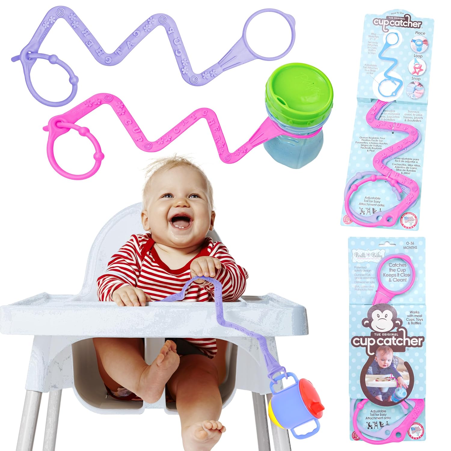 Brilli Baby Cup Catcher Patented Safety Tether Strap, Attach Sippy Cups, Bottles, Pacifiers & More to Stroller, High Chair, Car Seat, Made in USA, Food Grade, Dishwasher Safe, Lavender/Pink