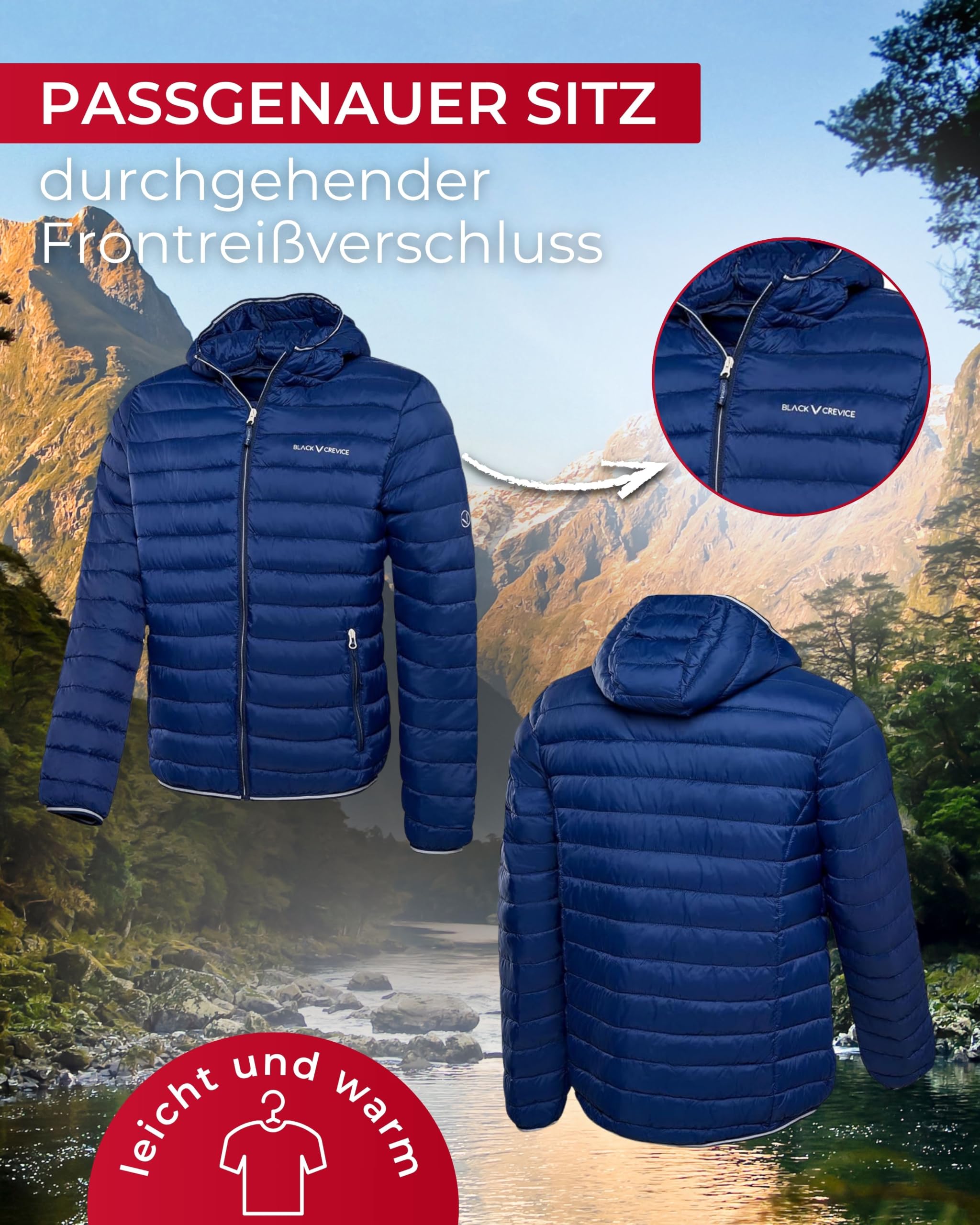 Black Crevice Herren Steppjacke mit Kapuze I Leicht, warm & winddicht – Wasserabweisende Outdoorjacke mit synthetischer Wattierung 180 g/m² I Ideal für Herbst & Winter