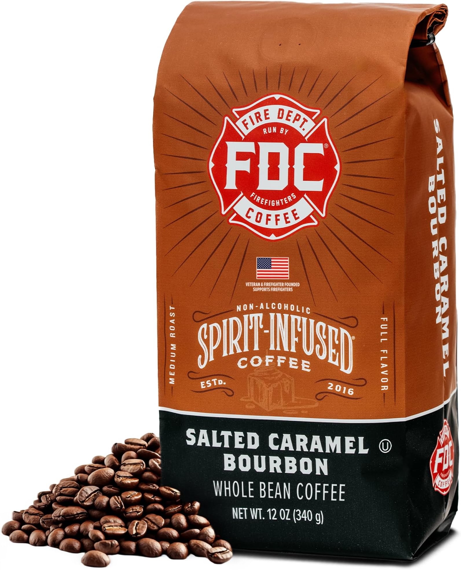 Salted Caramel Bourbon Coffee - Gives Back to Firefighters - Premium Bourbon Infused - Whole Bean Medium Roast - Non-Alcoholic - Roasted in the USA - Veteran Owned - 12 oz
