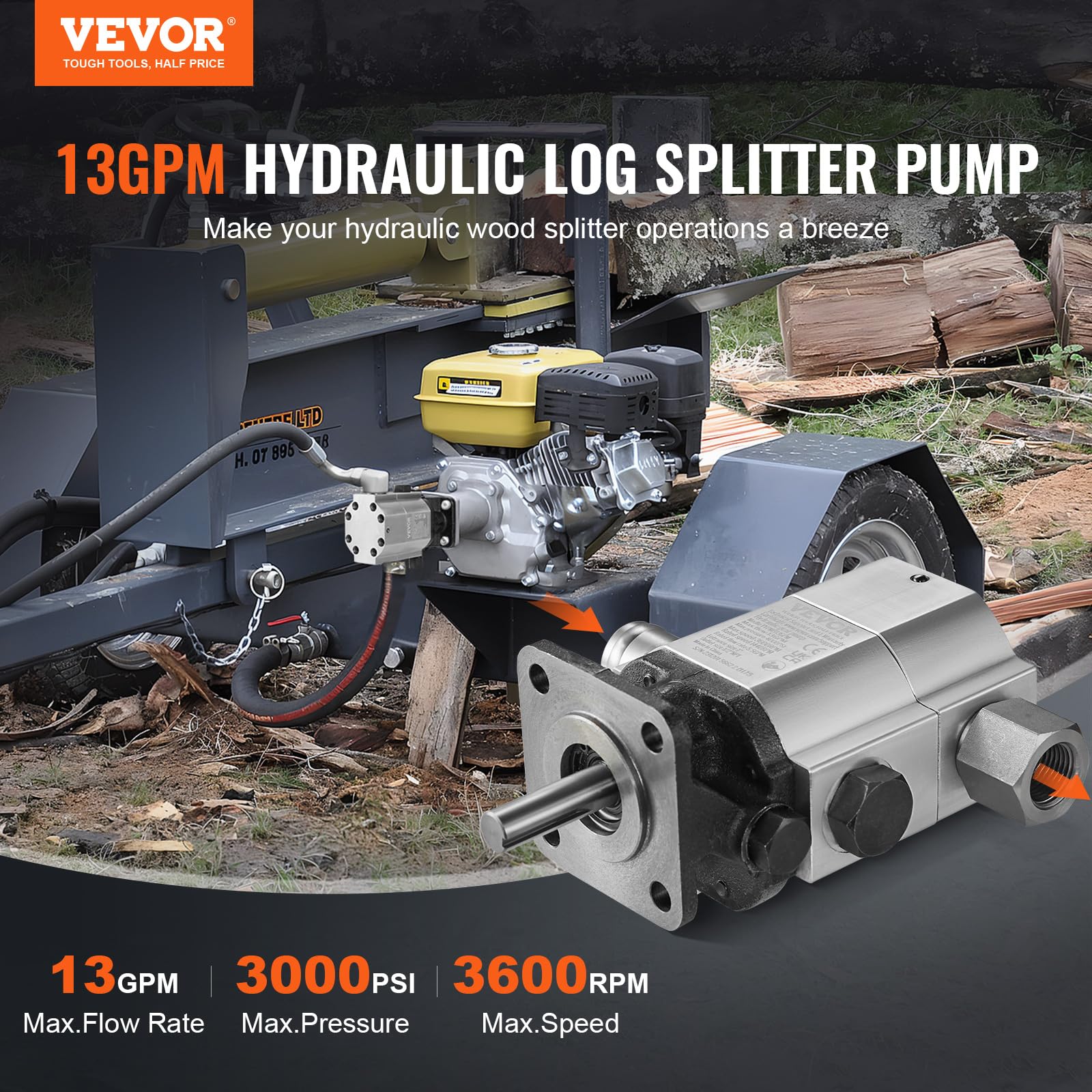 VEVOR Pompa idraulica spaccalegna in legno, 13 GPM, 2 stadi 3000 PSI, 1 '' ingresso 1/2 '' NPT uscita 3600 giri/min pompa idraulica in alluminio, per piccoli motori di montaggio Log Splitters