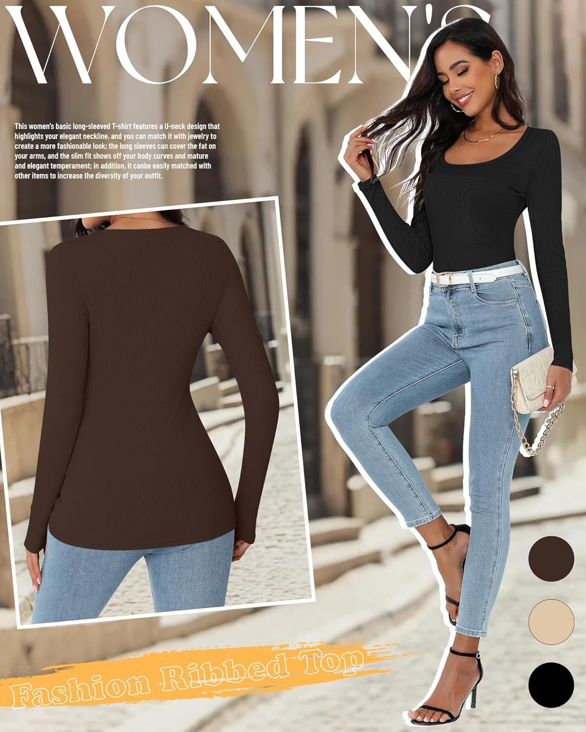 Ficerd 3 Pack Women Long Sleeve Ribbed Tops Scoop Neck T-Shirts Thermal Undershirts Casual Slim Fitted Basic Layer Tees - Image 4