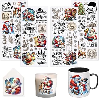 4PCS UV DTF Cup Wrap Stickers, Vintage Christmas Rub on Transfers for Crafts, Permanent DIY Transfer Decals for 16oz Libbey Glass Cans, Mugs, Candles, Flower Pots, Easy to Apply Art Stickers