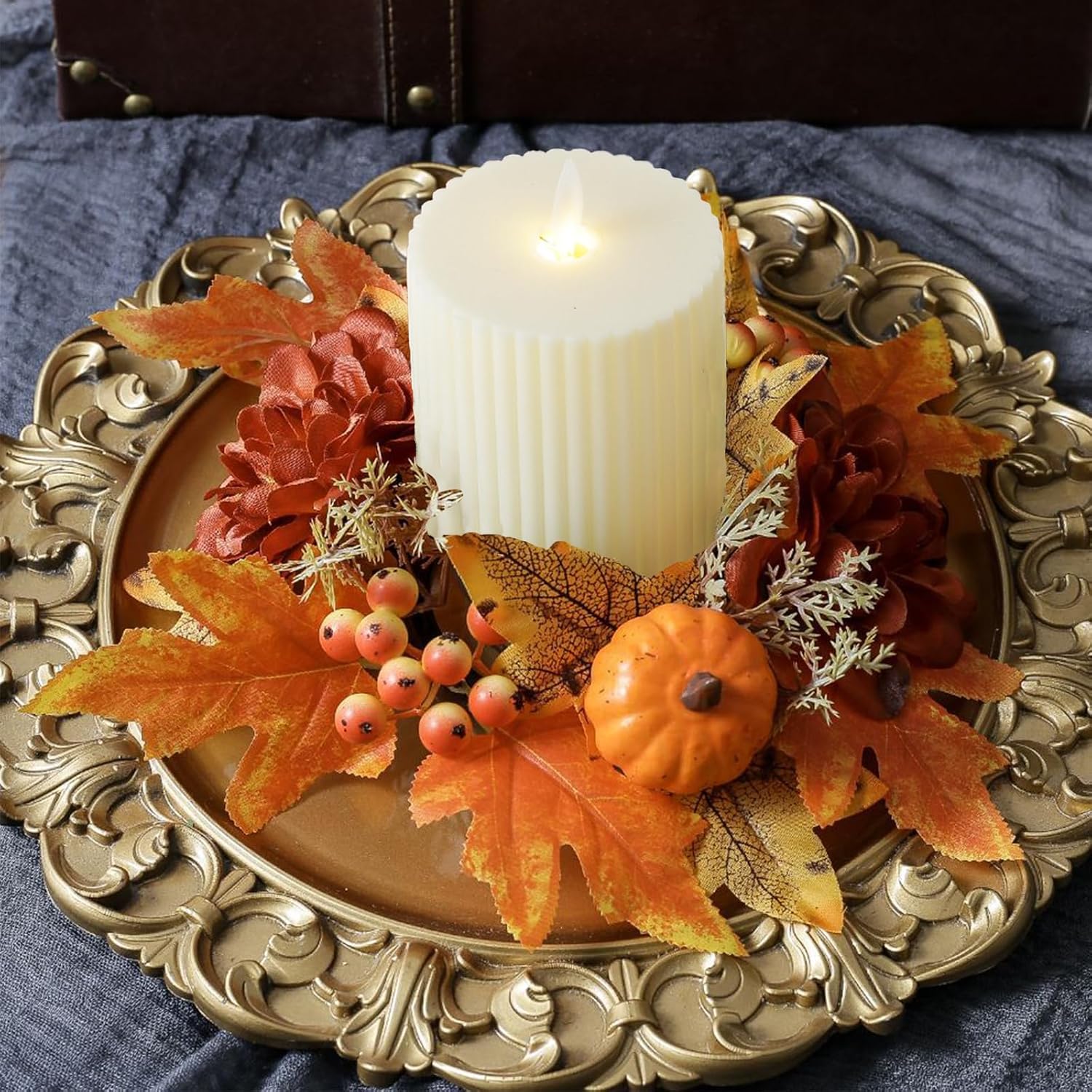 Fall Candle Ring Wreath Artificial Pumpkin Berry Candle Ring for Thanksgiving Harvest Festival Autumn Wedding Halloween Door Tabletop Decoration