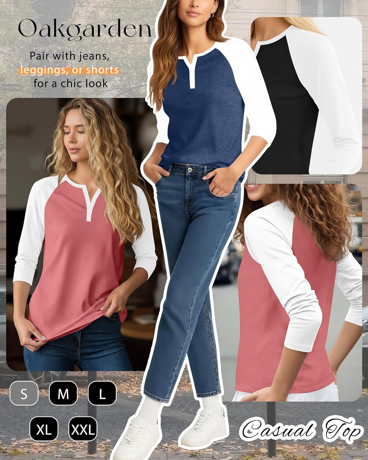 Oakgarden 3 Pack Womens 3/4 Raglan Sleeve Shirts V Neck Baseball Tee Color Block Tops Tunic Blouses Button Henley T Shirts