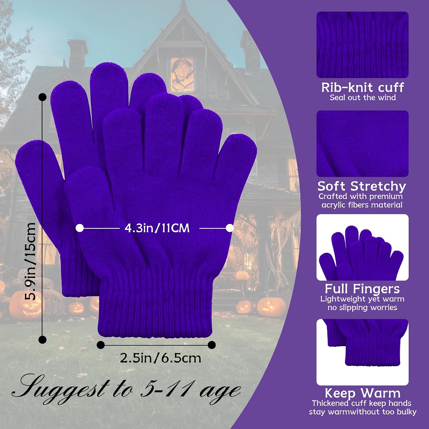 Zando Kids Winter Gloves 9 Colors Full Fingers Warm Soft Stretchy Knit Toddler Mittens for Boy Girls age 5-7 Years