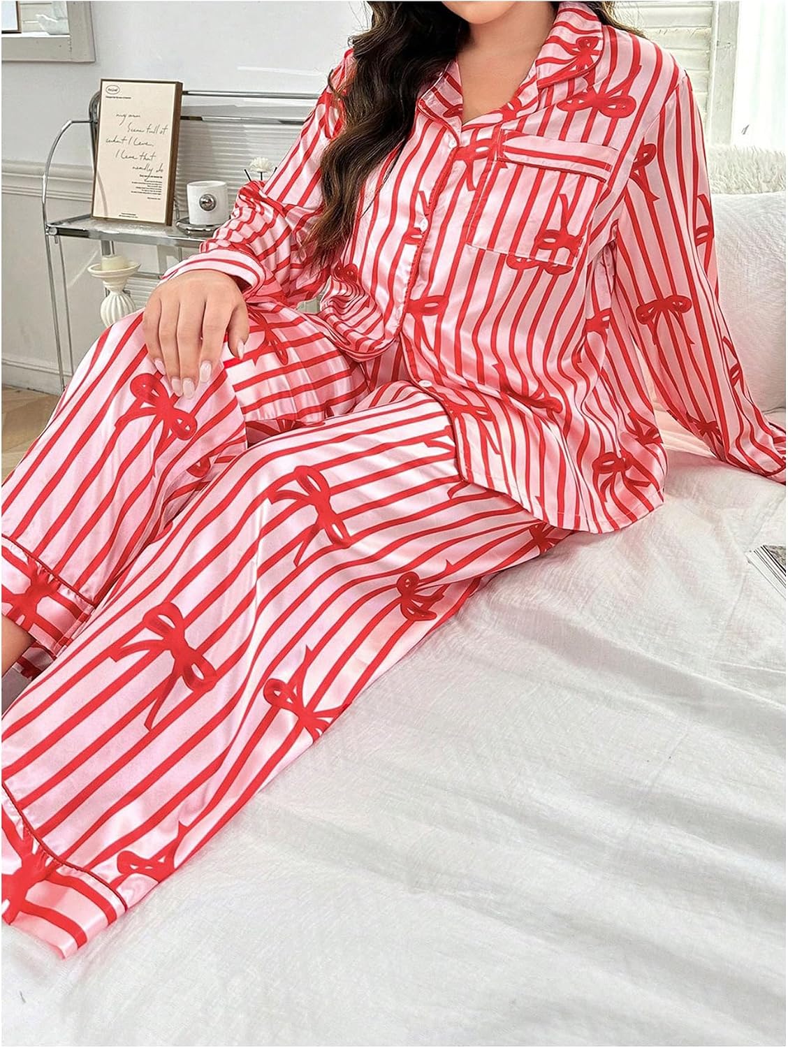 WDIRARA Women's Plus Szie 2pc Bowknot Satin Pajama Set Striped Long Sleeve Button Down Pants Sleepwear Sets