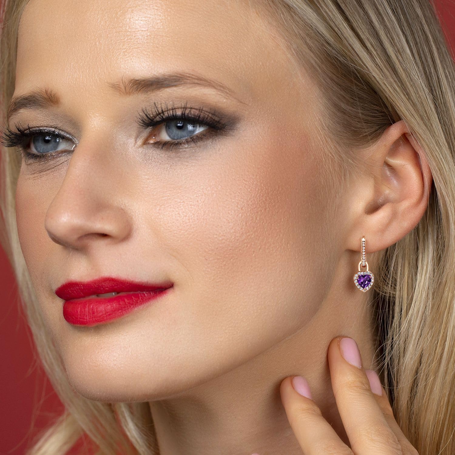 Gem Stone King 18K Rose Gold Plated Silver Heart Gemstone Birthstone and White Created Sapphire Earrings | Heart Shape 6MM | Drop Dangle Earrings for Women