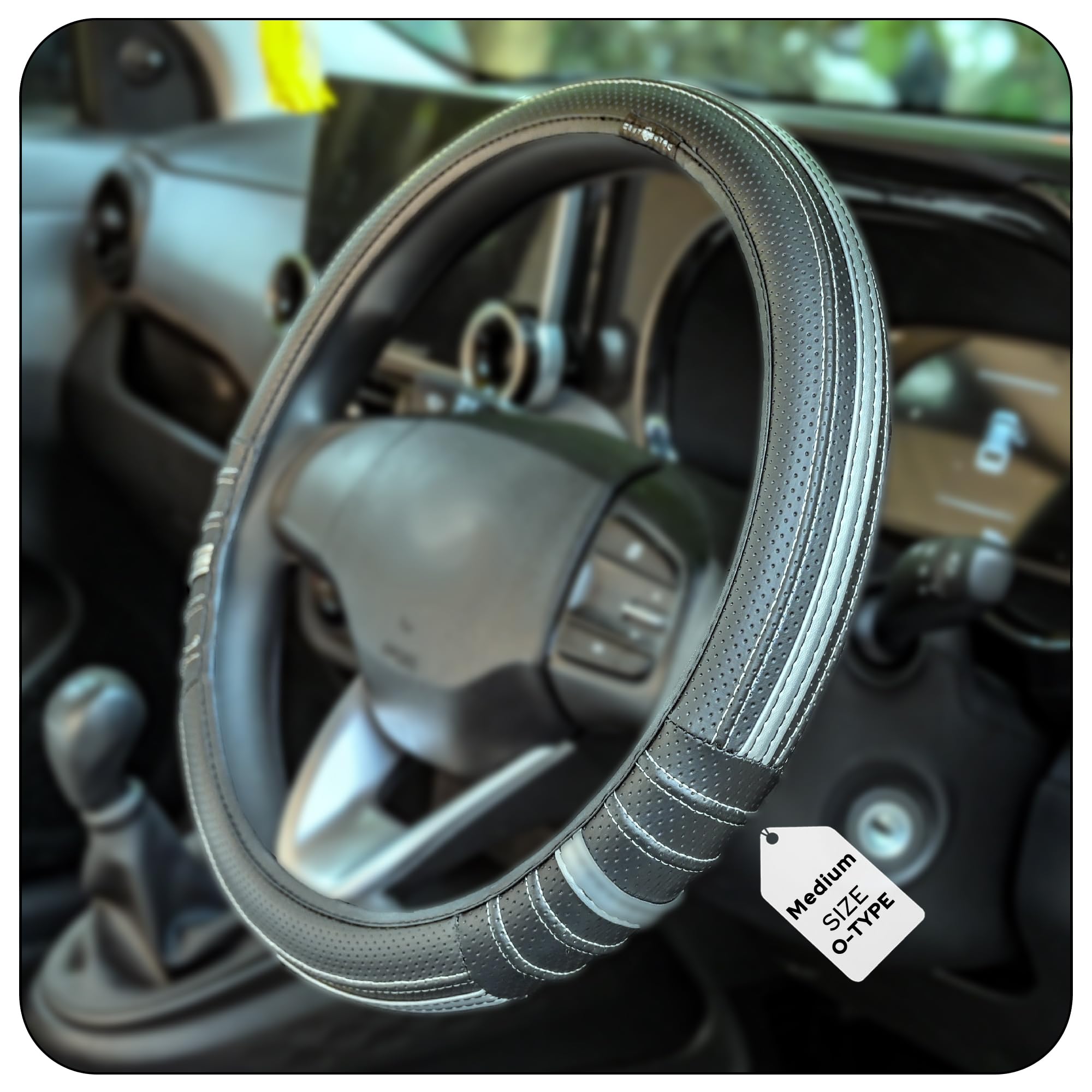 CONTINENTAL DuraGrip Classic - Medium O Type Car Steering Wheel Cover Build with Premium Vegan Leather Anti Slip Natural Rubber (Medium-Black & Silver)-image-33
