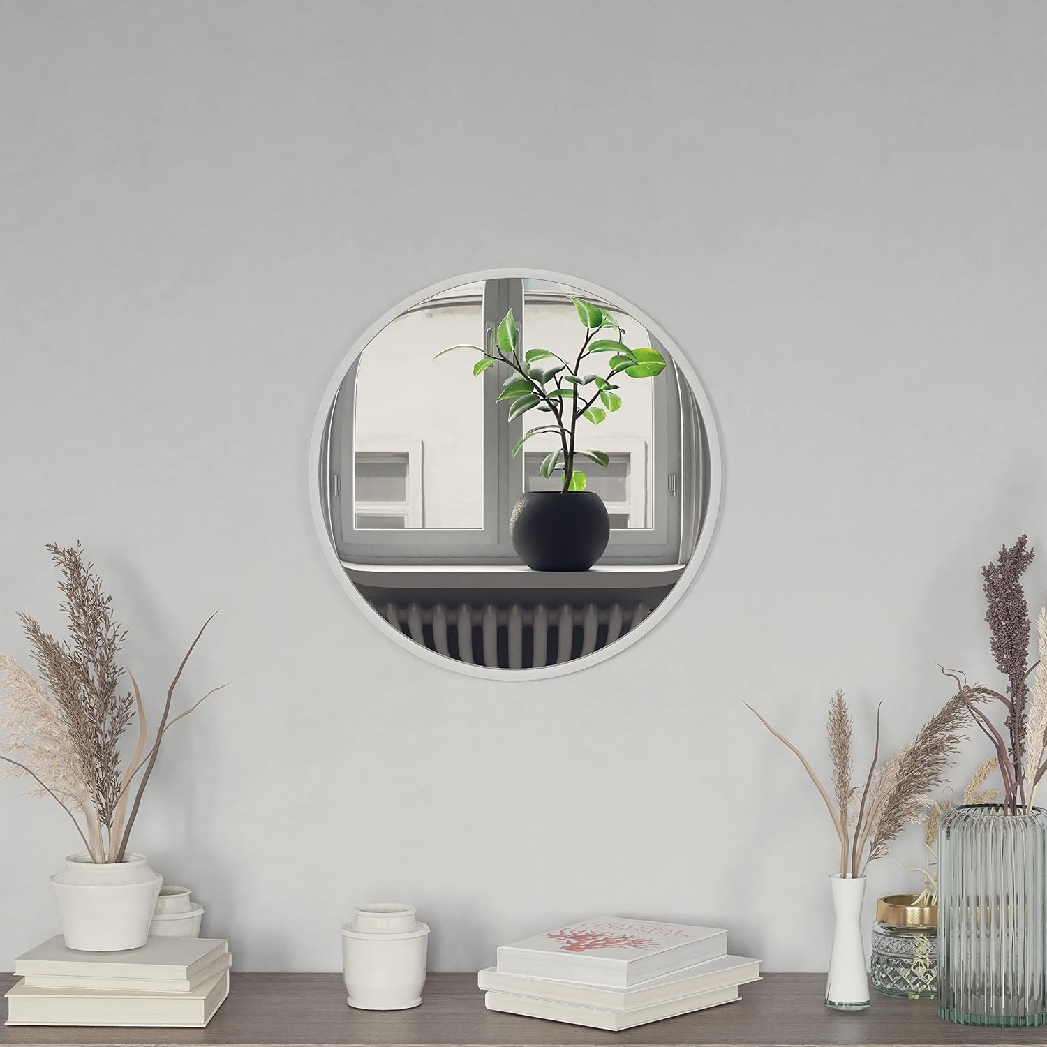 EMMA + OLIVER Mersin 20" Round Wall Mounted Mirror - Silver Iron Frame - Silver Backing - Shatterproof Glass - Ready to Hang - 3 Types of Wall Anchors Included