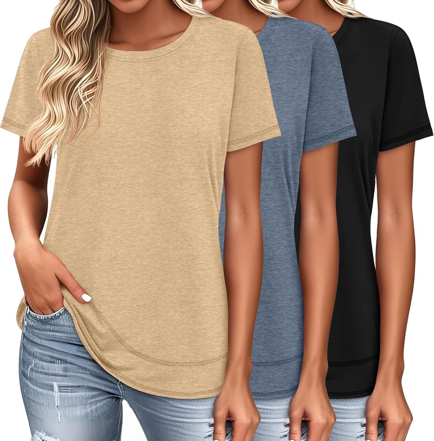 Ficerd 3 Pack Women’s Short Sleeve T-Shirts, Loose Fit Crew Neck Tunic Tops Casual Solid Basic Tee Shirts Curved Hem Blouses