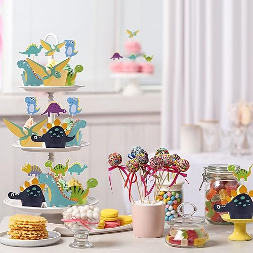 Miniatura 7 de Gyufise 24 adornos para cupcakes de dinosaurio para bebés y 24 envoltorios de dinosaurios para decoración de cupcakes con temática de dinosaurio,
