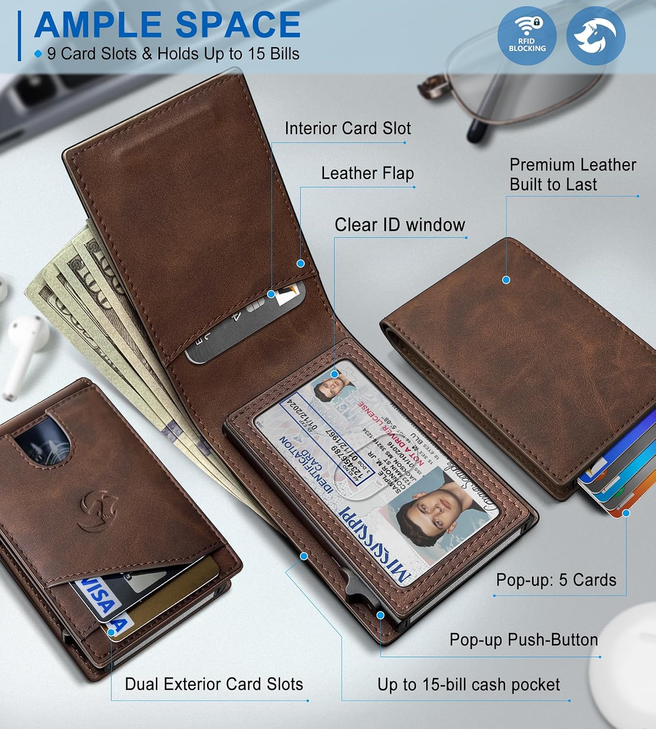 Wallet for Men, Slim Pop Up Card Holder with RFID Blocking, Minimalist Bifold Wallet with 9 Card Slots, ID Window and Cash Pocket, Metal Flip Case with Magnetic Closure, Gift Box image 2