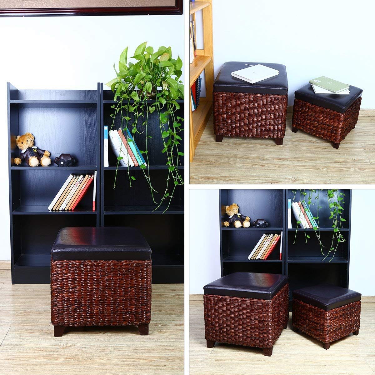 Eshow Storage Ottoman, Set of 2 Rattan Ottoman with Storage, Ottomans Foot Rest Pouf Ottoman Foot Stools Cube Decoration Furniture Leather Ottoman Seating Storage Bench Ottoman with Tray : Home & Kitchen