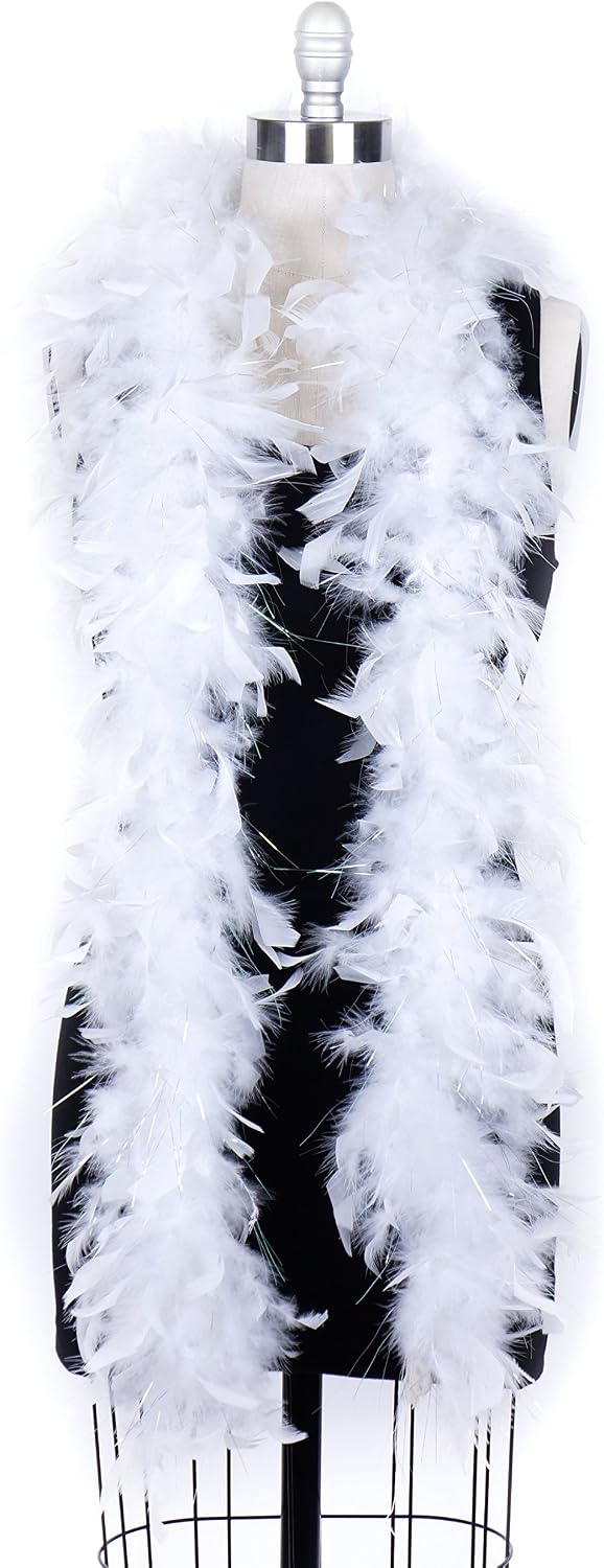 ZUCKER Chandelle Feather Boa - Turkey Feathers with Tinsel 6 Ft - Christmas Decorations - Vibrant Holiday Home Decor - Costume Cosplay Accessory - White/Opal Lurex