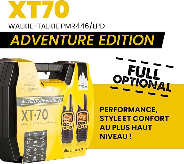 Visiter la boutique Midland Midland C1180.01 XT70 Adventure Talkie Walkie - Émetteur-Récepteur Radio Pro Bi-bande à Recharge Rapide - Jaune - 69 LPD et 24 PMR446, 12 km, 38 Tonalités et 83 Codes - Lot de 2 Émetteurs-Récepteurs in use
