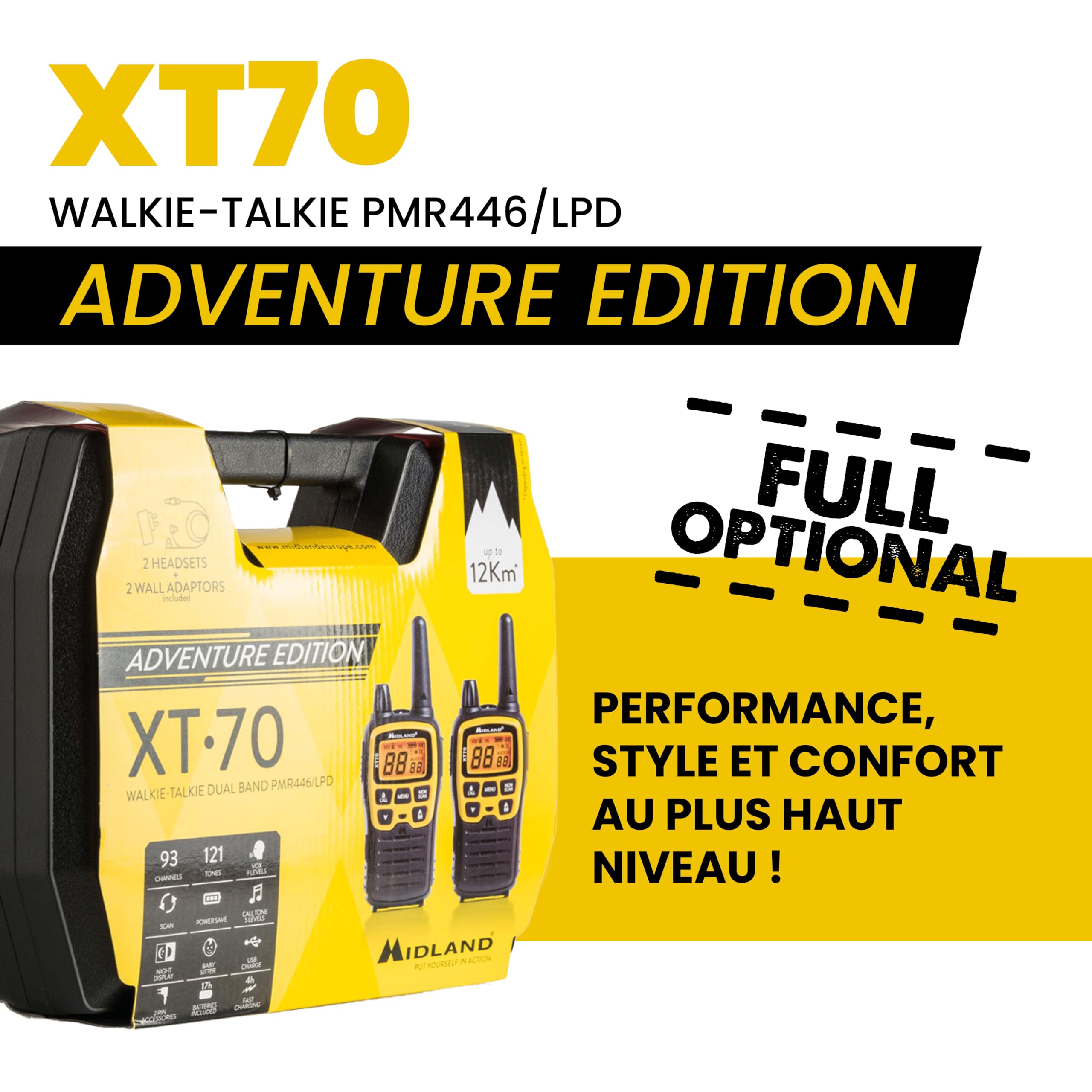 Midland C1180.01 XT70 Adventure Talkie Walkie - Émetteur-Récepteur Radio Pro Bi-bande à Recharge Rapide - Jaune - 69 LPD et 24 PMR446, 12 km, 38 Tonalités et 83 Codes - Lot de 2 Émetteurs-Récepteurs - 2