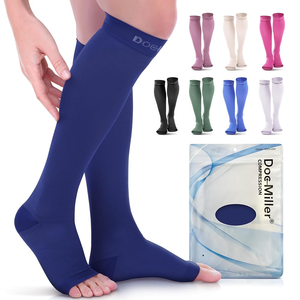 Doc Miller Open Toe Compression Socks, 20-30 mmHg, Toeless Compression Sleeves for Legs, Knee High Stockings for Shin Splints, Varicose Veins, Travel, Calf Support & Muscle Recovery, Men & Women, Pair