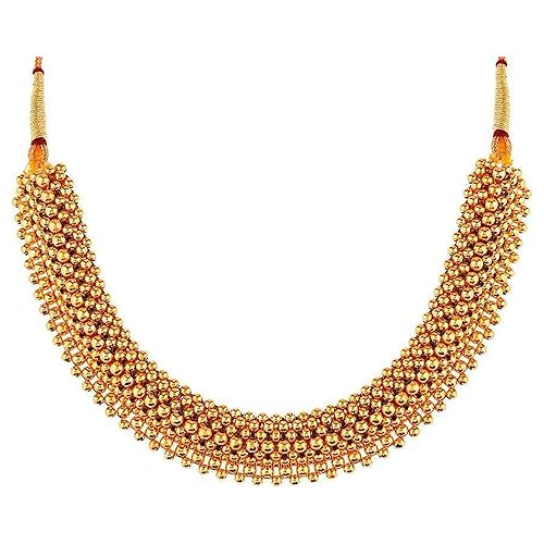 MEENAZ Traditional Maharashtrian jewellerys Moti Pearl Broad Gold beads Kolhapuri saaj choker Thushi Mangalsutra Pendant Necklace for Women girls Set Latest - TUSHI-214
