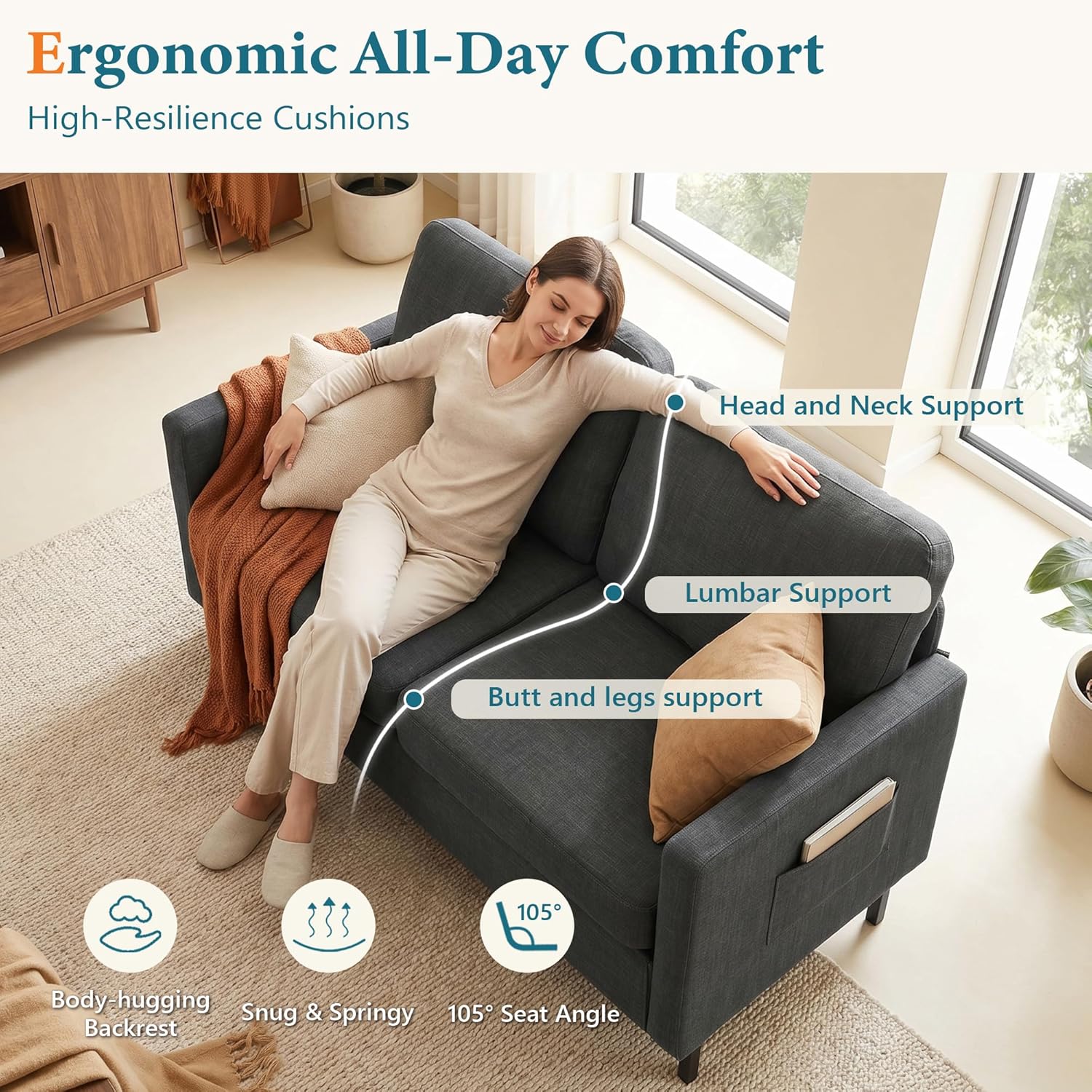 STHOUYN 56" W Fabric Loveseat Sofa with 2 USB, Small Couches for Living Room, Bedroom, Office, Easy Assembly & Comfy Cushion, Dark Grey