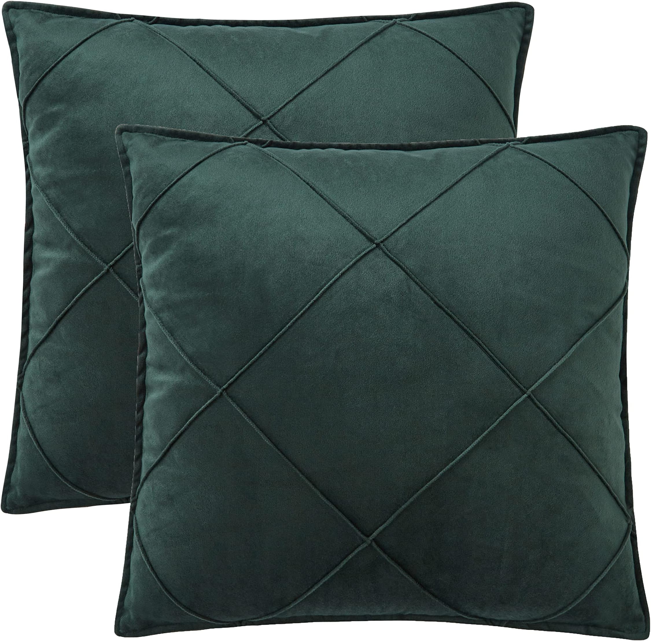 Green Velvet Throw Pillows Covers 18"x18" Pack of 2 Summer Sofa Decoration Soft Square Cushion Couch Pillowcase Solid Plaid Cover for Bedroom Livingroom Car Outdoors Bed Chair