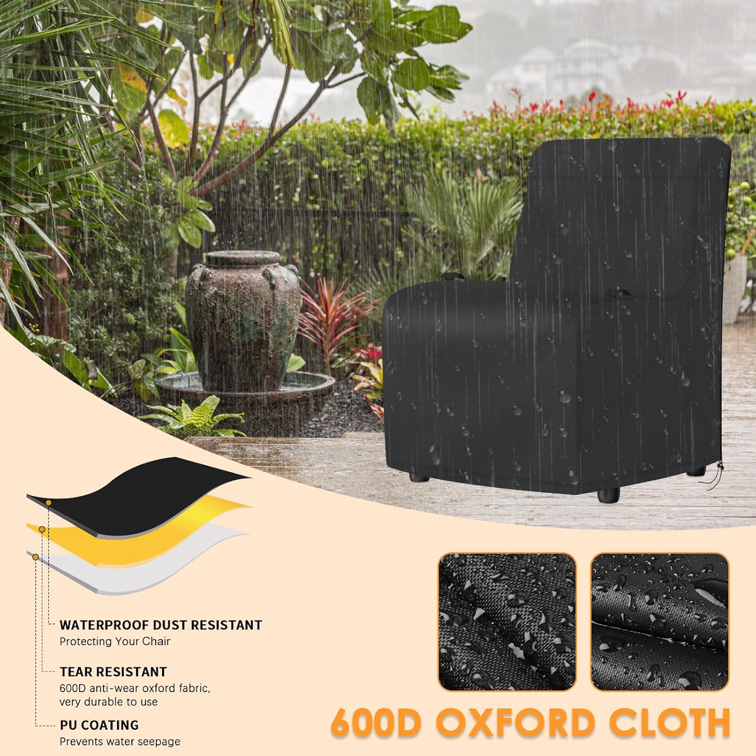 Outdoor Recliner Chair Cover, 600D Heavy Duty Waterproof Patio Chair Cover with Side Waterproof Zipper, Outdoor Furniture Storage Covers for All Weather Protection, 29.5" W x 31.5" D x 40.2" H (Black)
