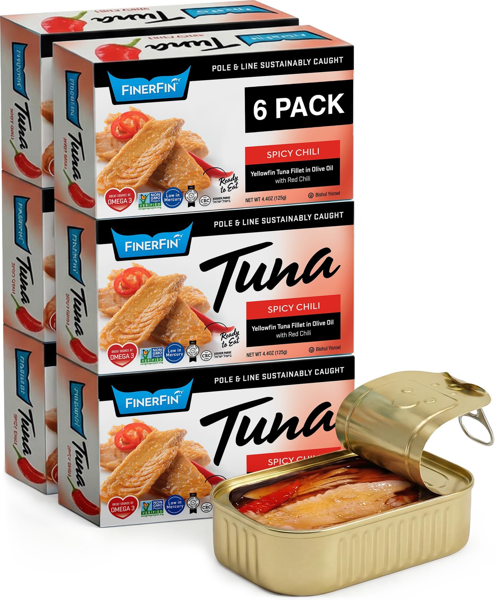 Yellowfin Tuna Fillets In Organic Olive Oil โ Spicy Chili Flavor (4.4oz can - 6 Pack); Premium Canned Fish with EVOO, Keto Friendly, Gourmet Ready-to-Eat Fillets, Pole & Line Caught