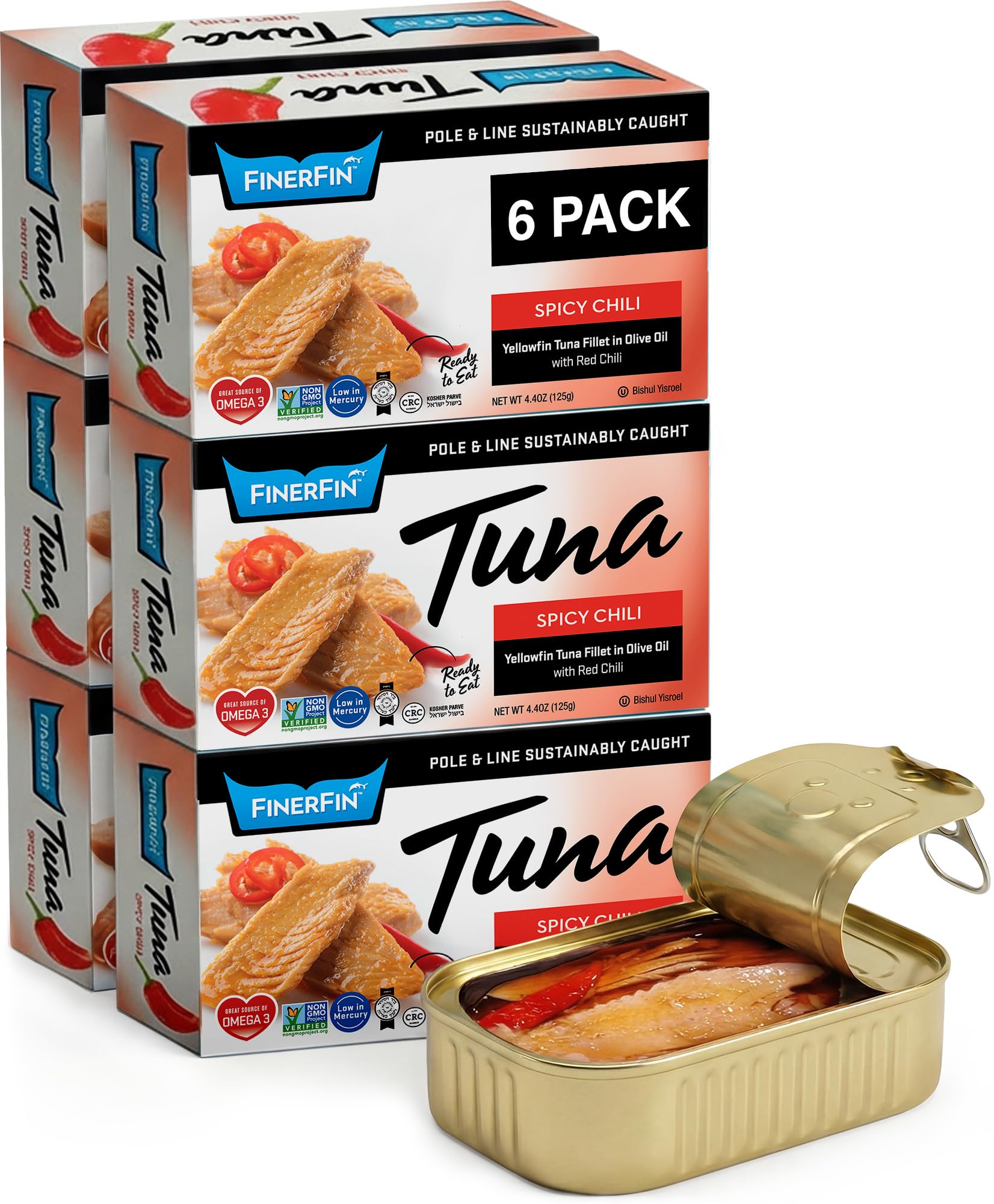 Yellowfin Tuna Fillets In Organic Olive Oil – Spicy Chili Flavor (4.4oz can - 6 Pack); Premium Canned Fish with EVOO, Keto Friendly, Gourmet Ready-to-Eat Fillets, Pole & Line Caught