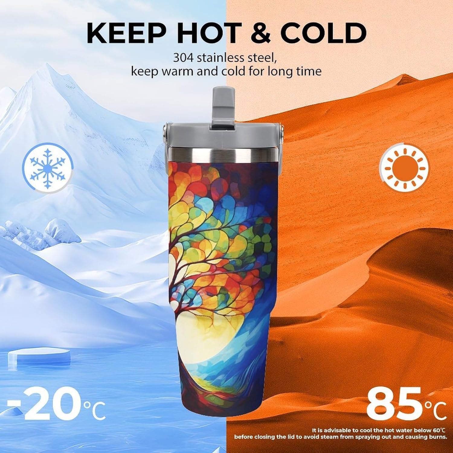 Colorful Tree of Life Water Bottle 30 Oz Fits Car Cup Holder,Insulated Coffee Mug Large Capacity Car Cups,Stainless Steel Double Wall Sport Bottle for Travel Sports Gym